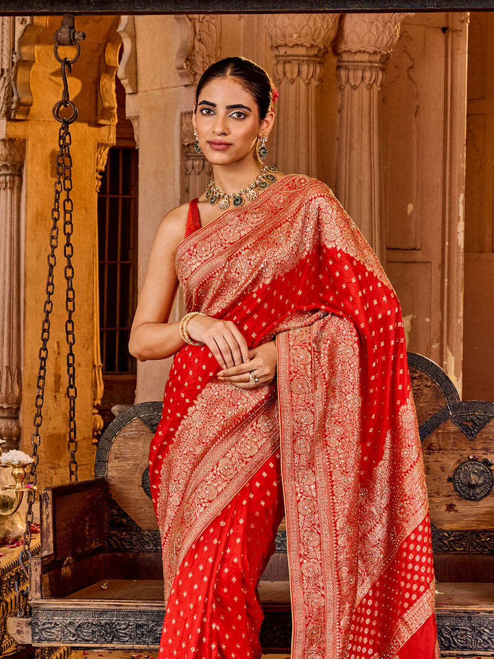 Red Embroidered Design Dola Silk Saree