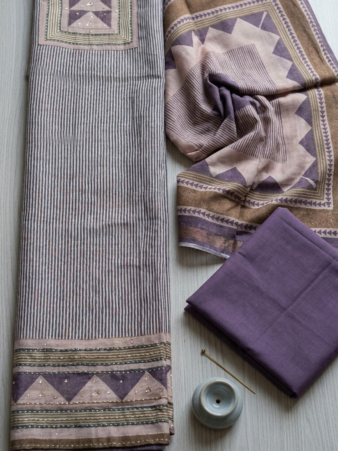 Printed Linen Blend Unstitched Suit With Pant &amp; Dupatta
