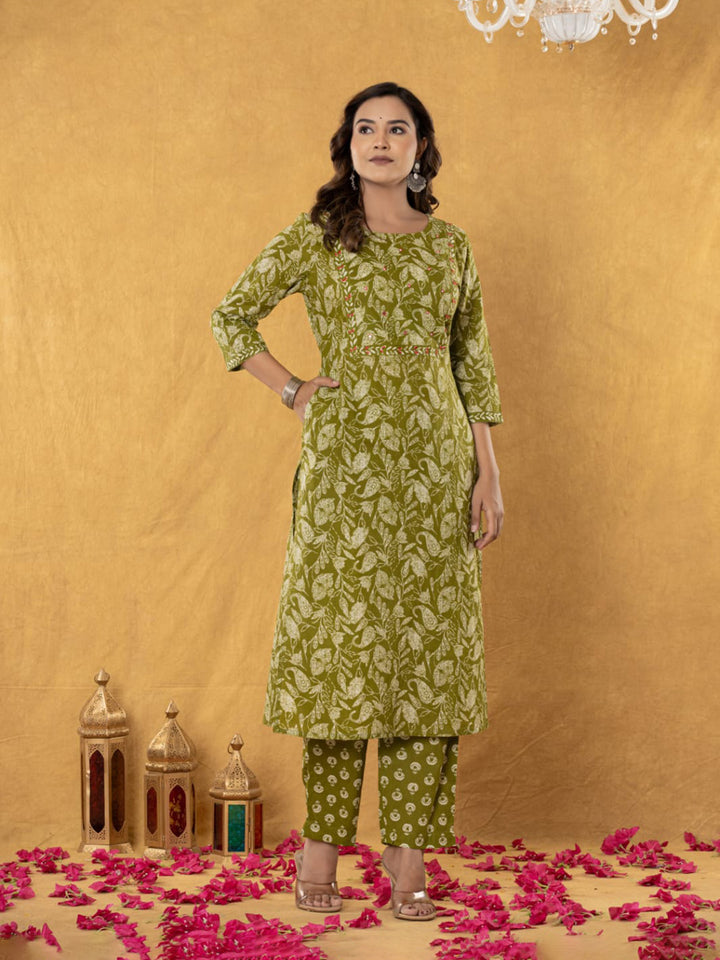 Embroidered Cotton Blend Kurta With Pant &amp; Dupatta