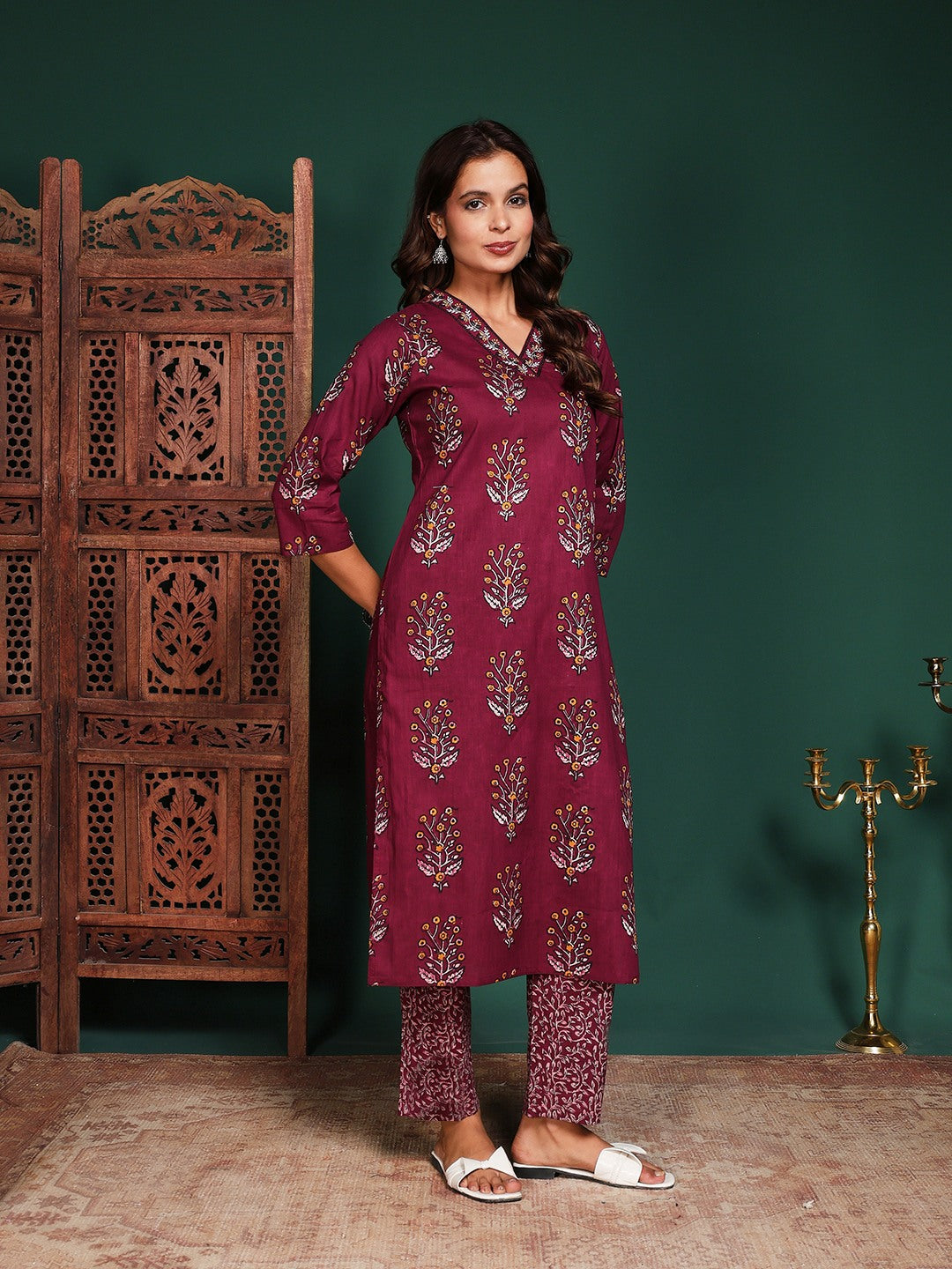 Floral Printed Cotton Blend Kurta With Pant &amp; Dupatta