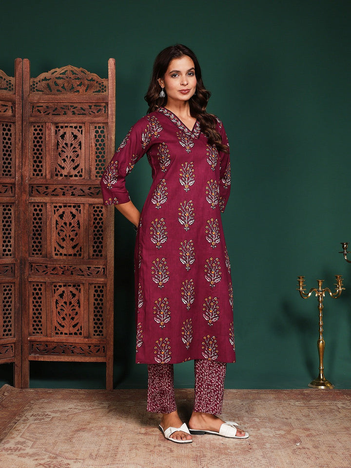 Floral Printed Cotton Blend Kurta With Pant &amp; Dupatta
