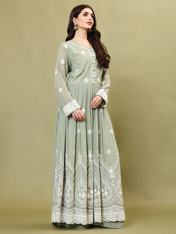 Resham Embroidered Georgette Kurta With Palazzo And Dupatta