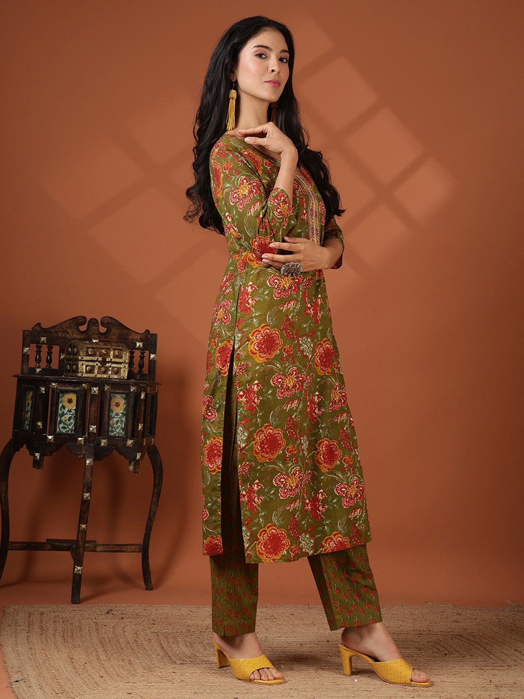 Printed Cotton Blend Kurta With Pant &amp; Dupatta