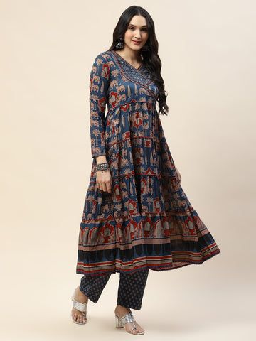 Floral Printed Anarkali Kurta With Pants & Dupatta