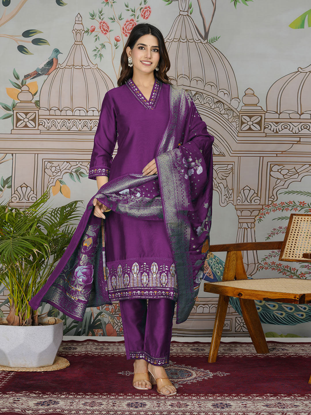 Embroidered Tissue Kurta With Pants &amp; Dupatta