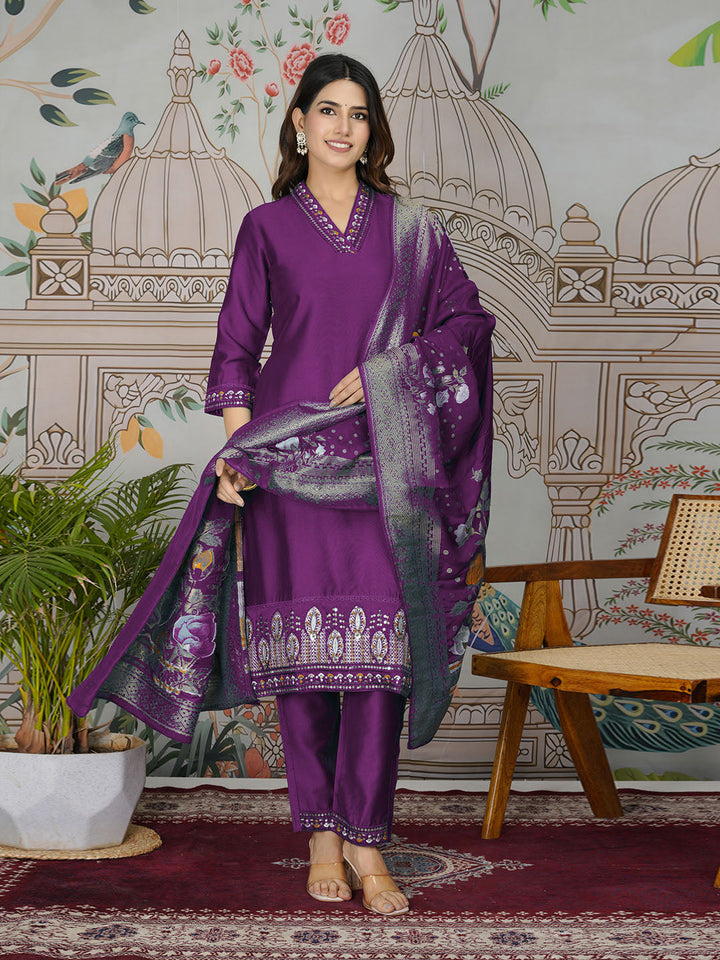 Embroidered Tissue Kurta With Pants &amp; Dupatta