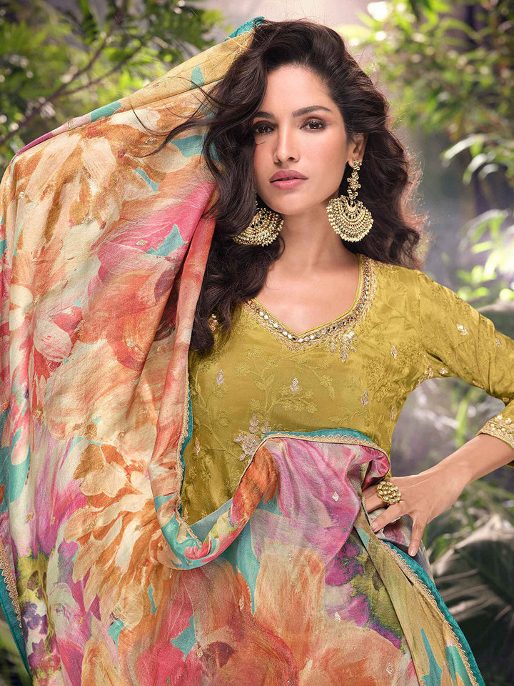 Embroidered Chinon Suit With Plazzo &amp; Dupatta