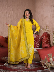 Neck Embroidery Cotton Blend Kurta With Pants & Dupatta