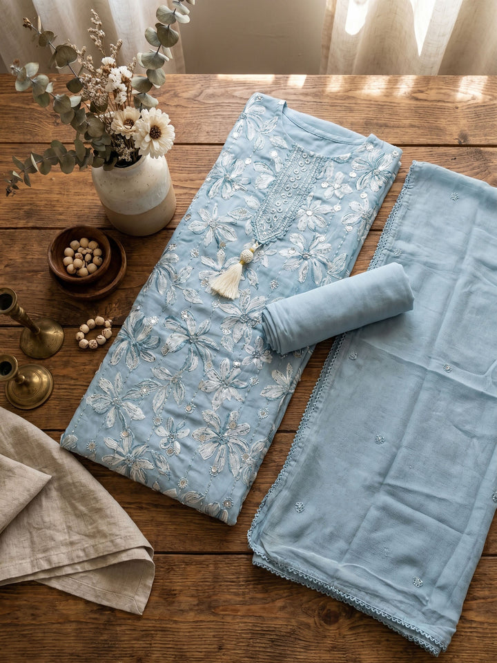 Neck Embroidered Cotton Blend Unstitched Suit With Dupatta