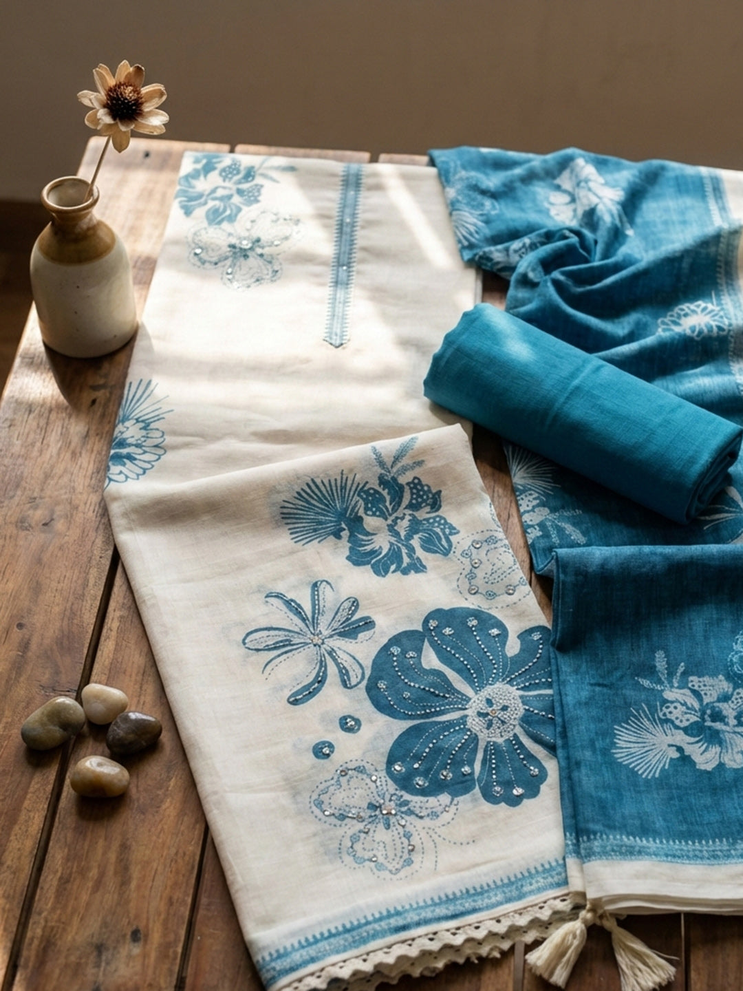 Embroidered Cotton Blend Unstitched Suit With Pant &amp; Dupatta