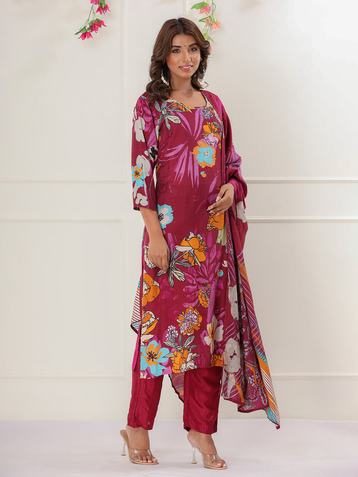 Magenta Digital Printed Muslin Straight Suit Set With Dupatta