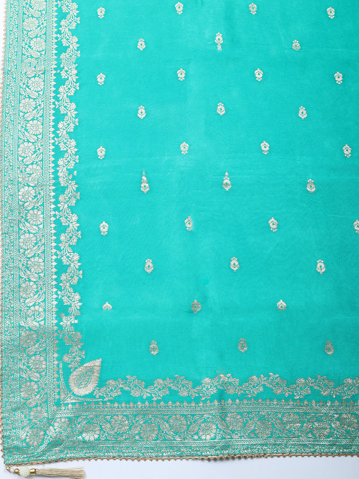 Embroidered Chanderi Unstitched Suit With Pant &amp; Dupatta