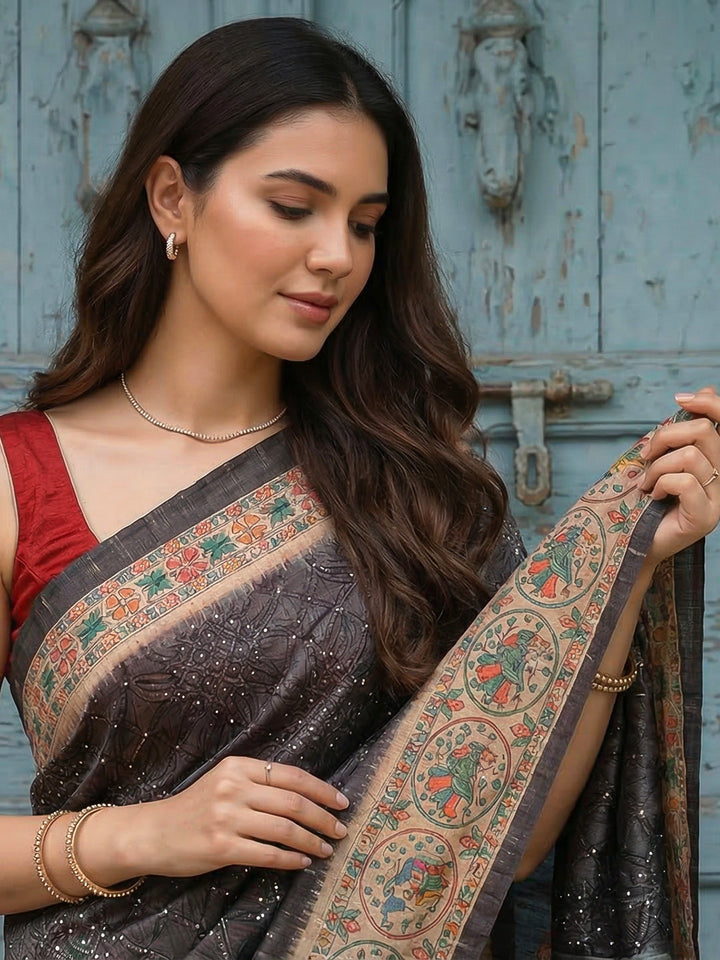 Printed Tussar Silk Saree