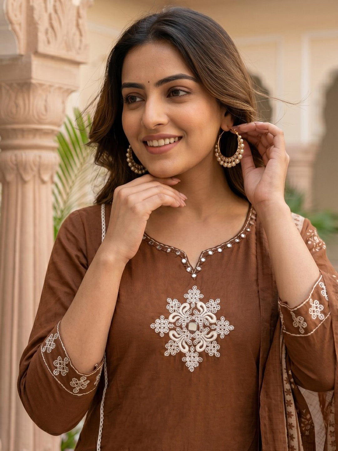 Neck Embroidered Cotton Blend Kurta With Pant &amp; Dupatta