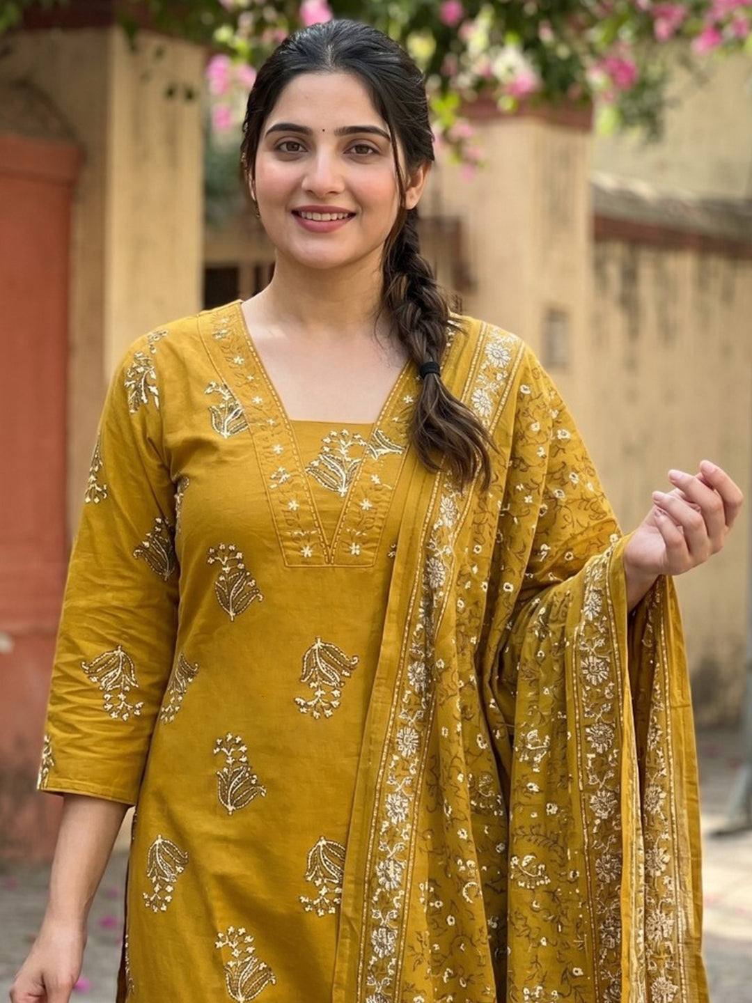 Neck Embroidered Cotton Blend Kurta With Pant &amp; Dupatta