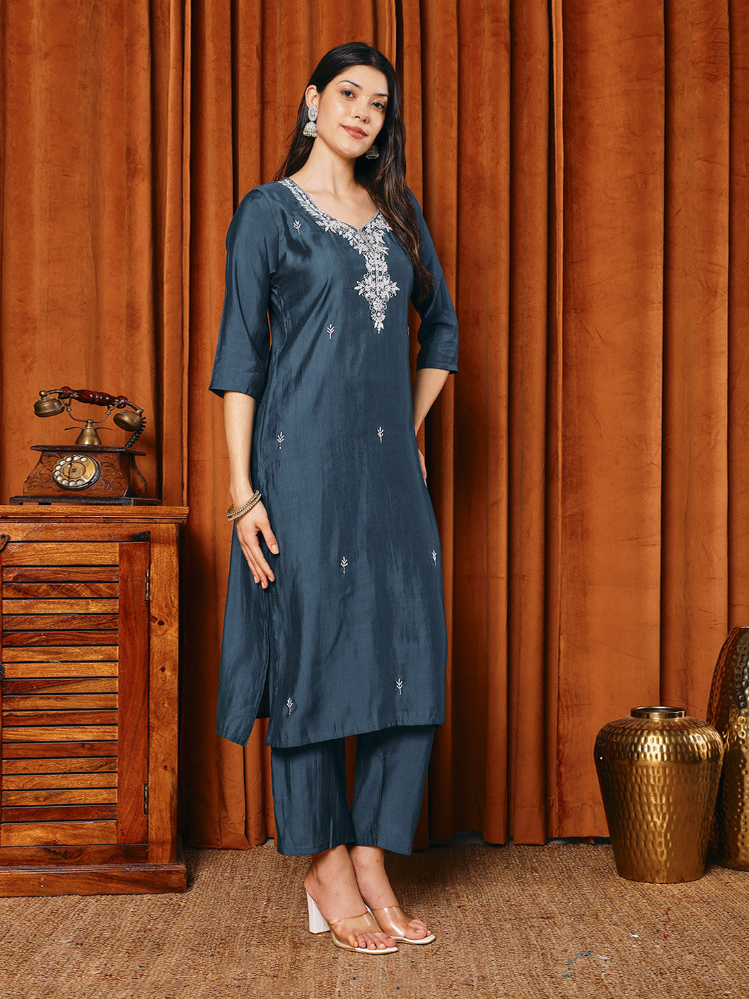Embroidered Cotton Blend Kurta With Pants &amp; Dupatta
