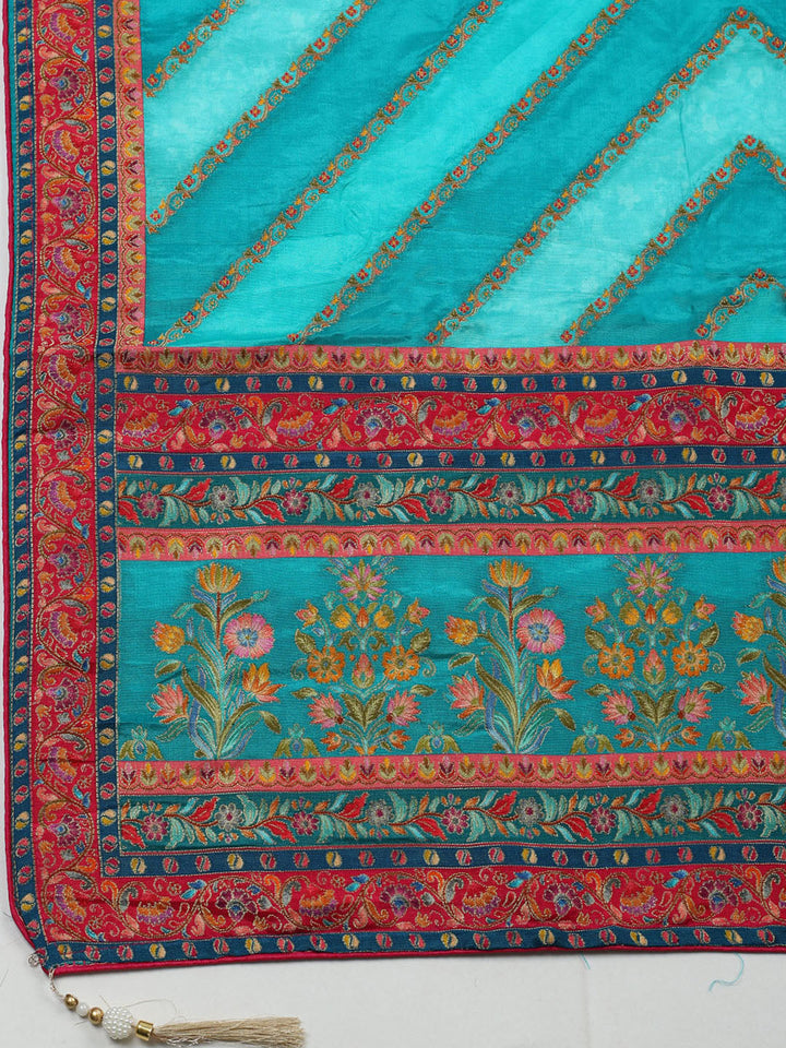 Embroidered Chanderi Unstitched Suit With Pant &amp; Dupatta