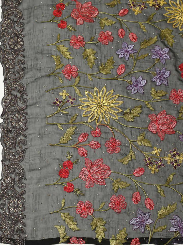 Embellished Organza Unstitched Suit With Pant &amp; Dupatta