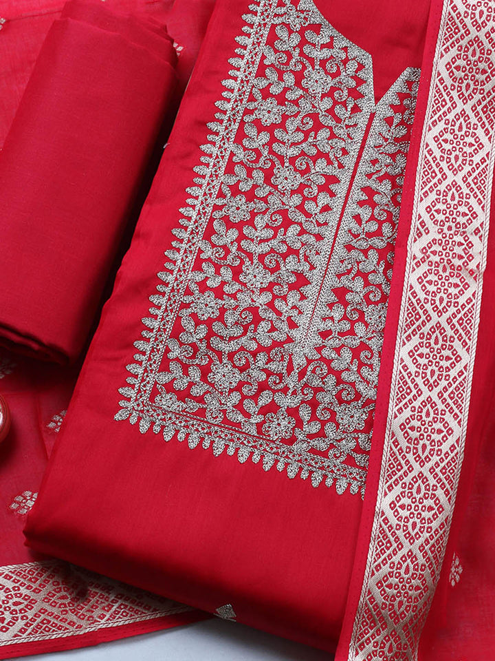 Neck Embroidered Chanderi Unstitched Suit With Dupatta