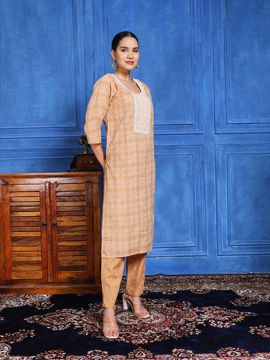 Floral Printed Cotton Kurta With Pants &amp; Dupatta