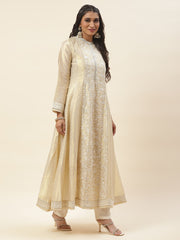 Resham Booti Embroidered Cotton Anarkali Kurta With Churidar & Dupatta