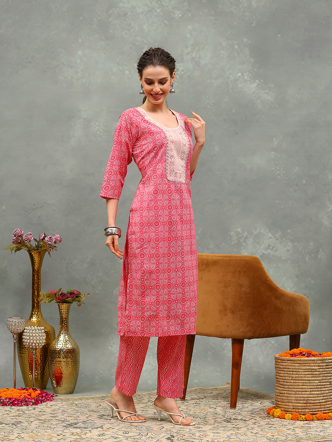 Floral Printed Cotton Kurta With Pants & Dupatta