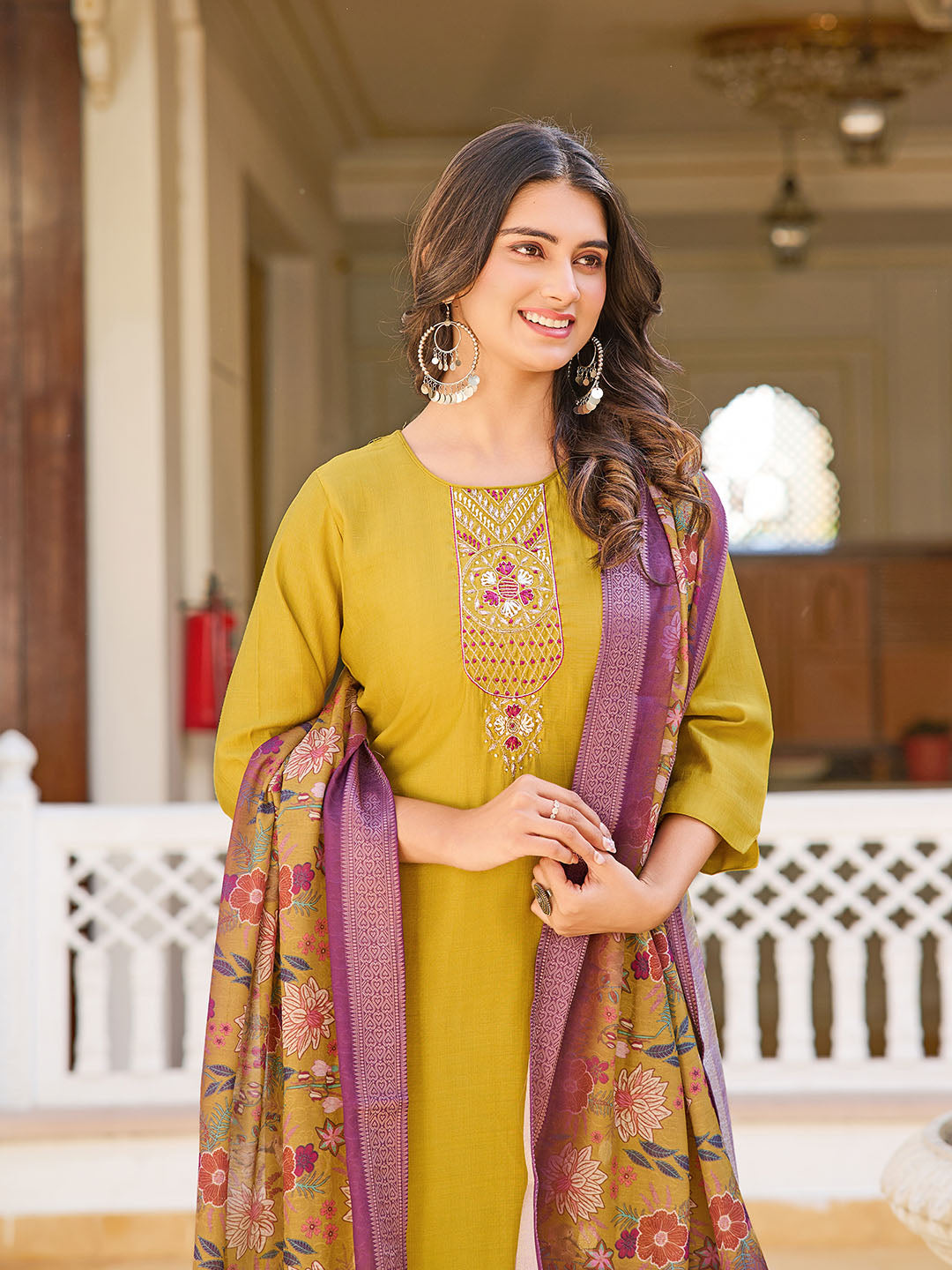 Neck Embroidery Cotton Blend Kurta With Pants &amp; Dupatta