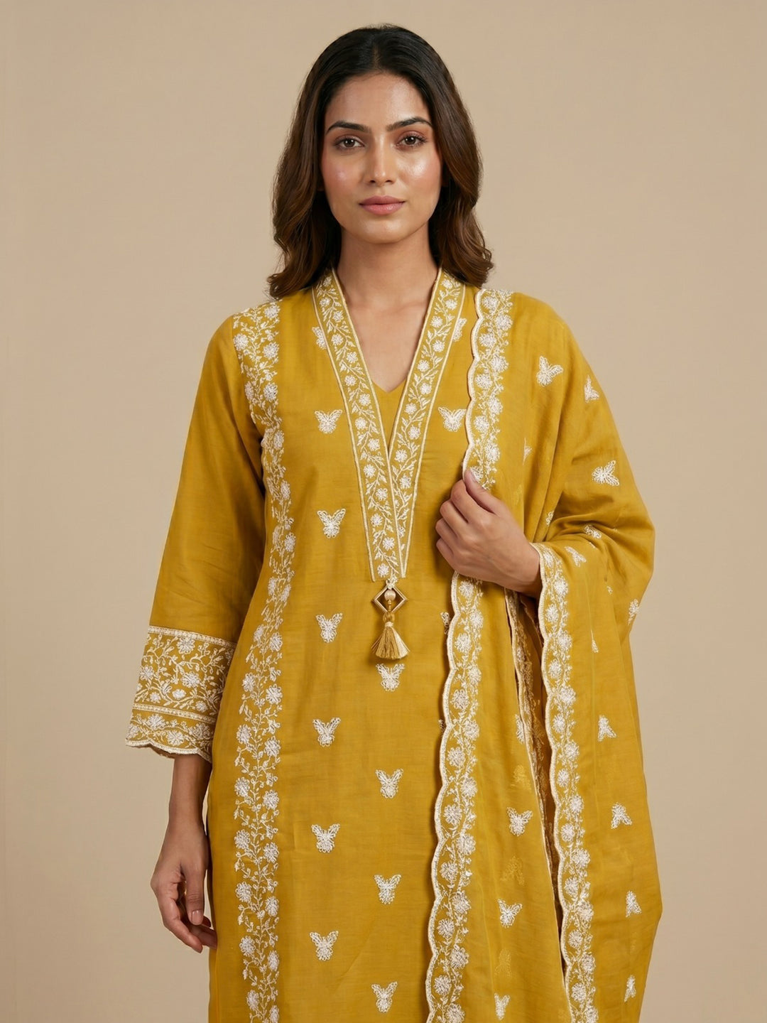Mustard Embroidered Cotton Blend Straight Round Neck Suit Set