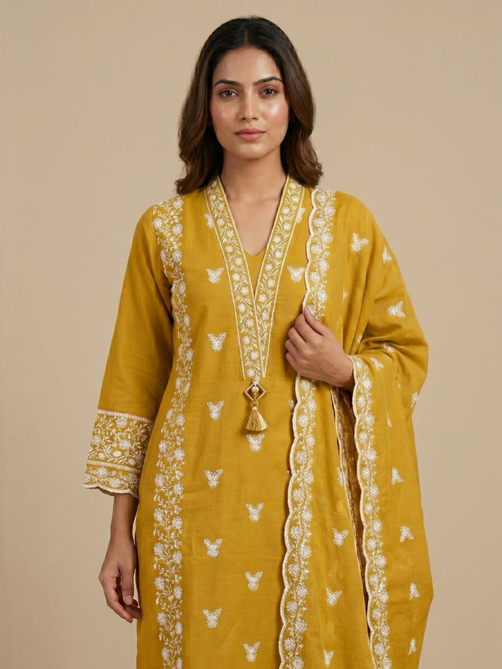 Mustard Embroidered Cotton Blend Straight Round Neck Suit Set