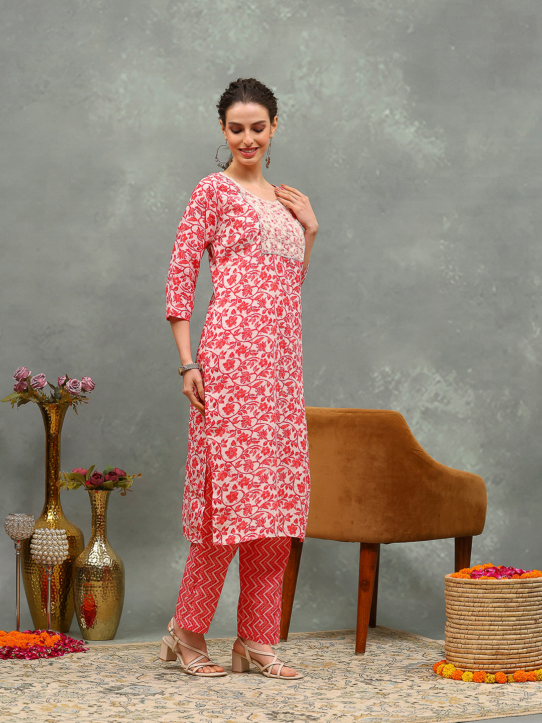 Printed Cotton Blend Kurta With Pants & Dupatta