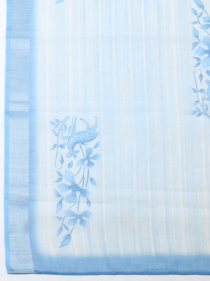 Printed Linen Blend Unstitched Suit With Pant &amp; Dupatta