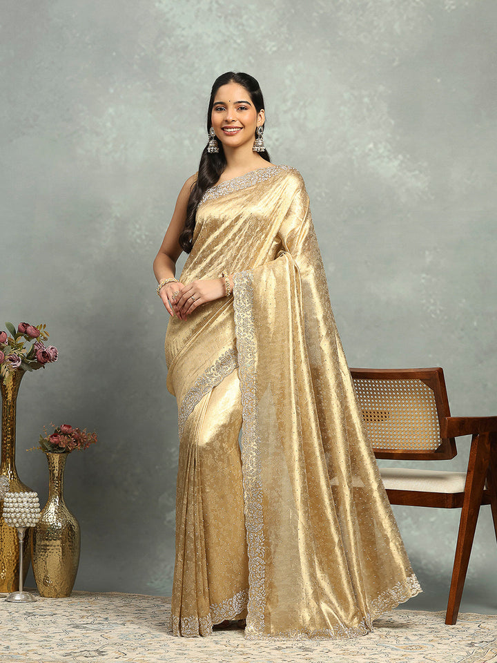 Stone Embellished Tissue Gold Saree