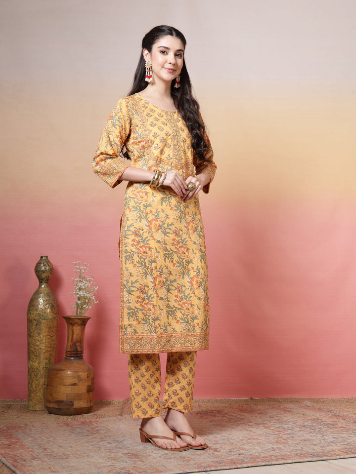 Embroidered Cotton Kurta With Pant &amp; Dupatta