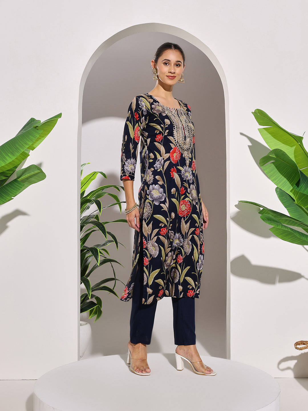 Neck Embroidered Cotton Blend Kurta With Pants