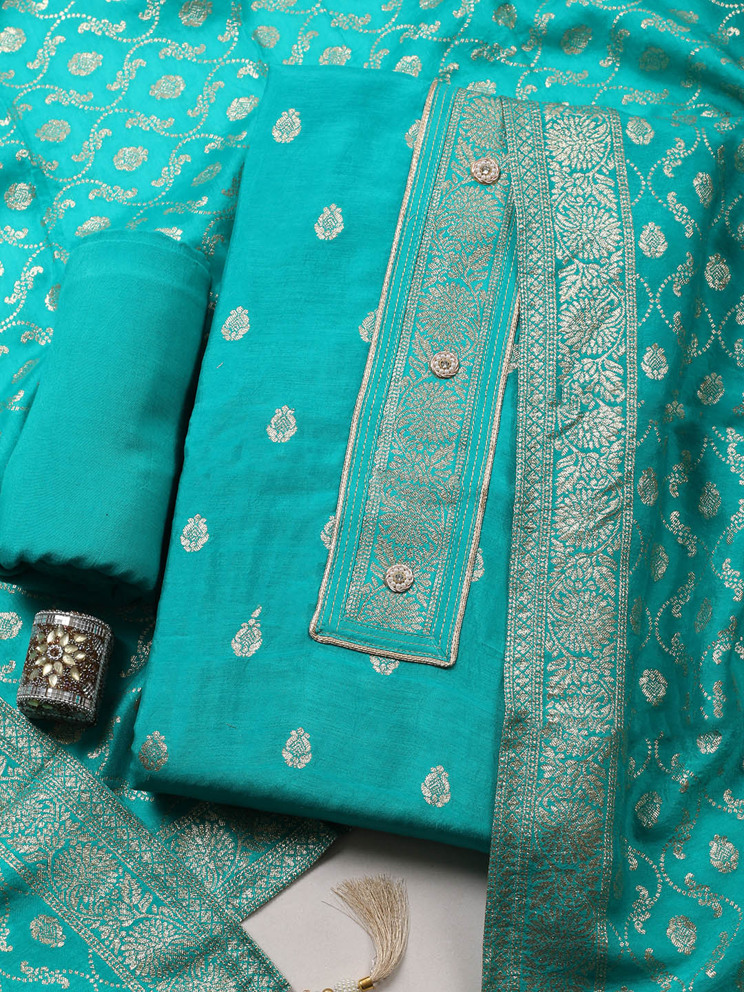 Embroidered Chanderi Unstitched Suit With Pant &amp; Dupatta
