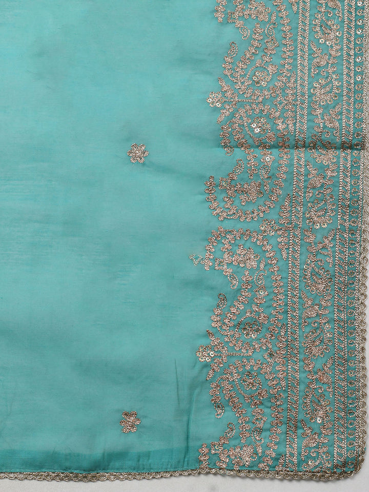 Embroidered Chanderi Unstitched Suit With Pant &amp; Dupatta