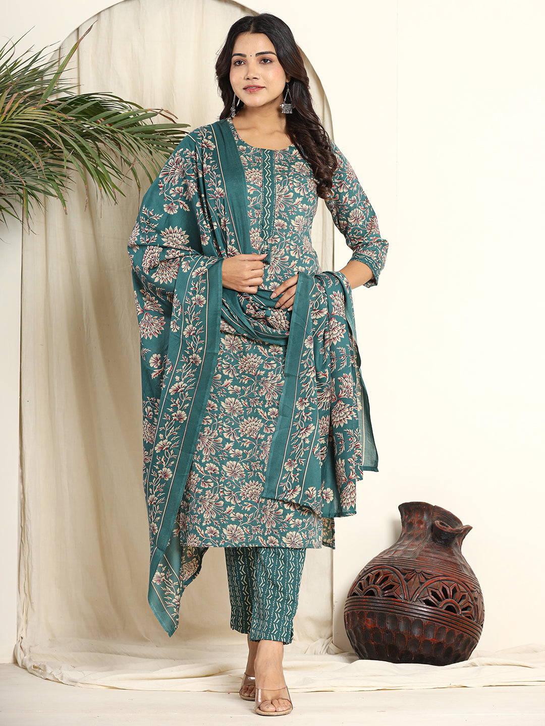 Printed Cotton Blend Kurta With Pants & Dupatta