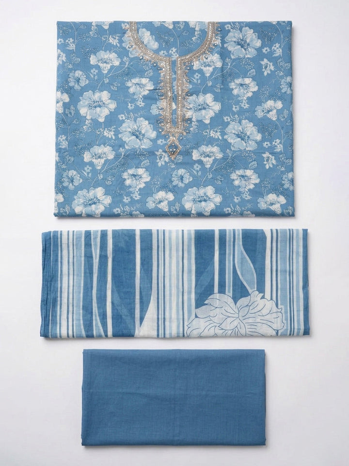 Embroidered Cotton Blend Unstitched Suit With Pant &amp; Dupatta