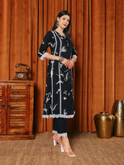 Printed Cotton Blend Kurta With Pants & Dupatta