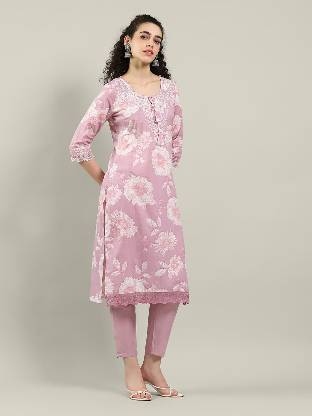 Printed Cotton Blend Kurta With Pants &amp; Dupatta
