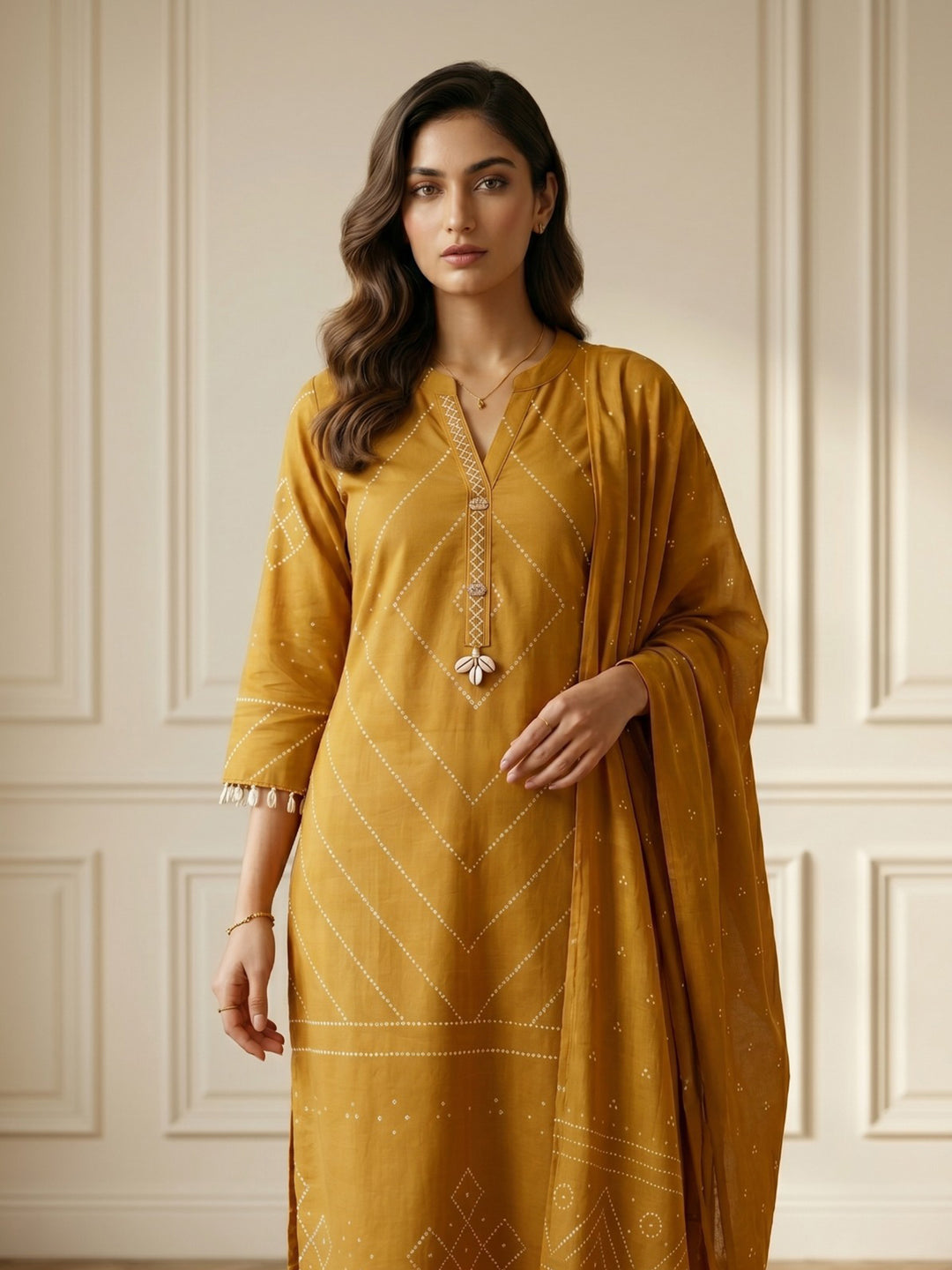 Mustard Embroidered Cotton Blend Straight V Neck Suit Set