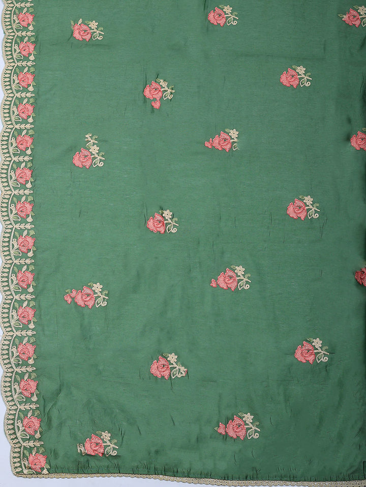 Embroidered Chanderi Unstitched Suit With Pant &amp; Dupatta