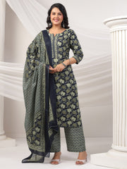 Printed Cotton Blend Kurta With Pants & Dupatta