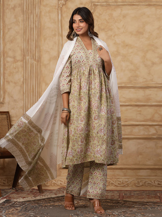 Printed Cotton Kurta With Pants & Dupatta