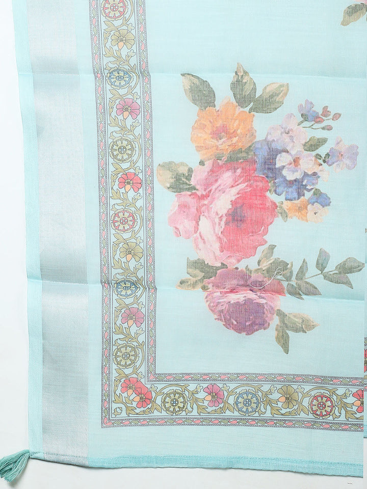 Embroidered Linen Blend Unstitched Suit With Pant &amp; Dupatta