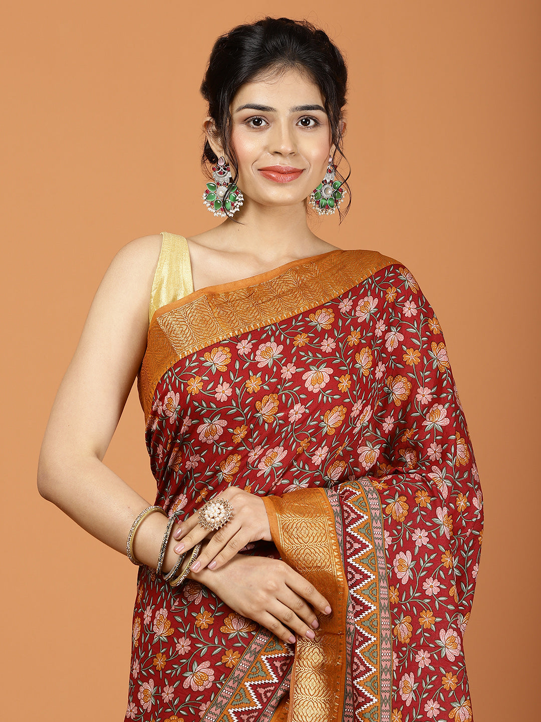 Floral Zari Border Printed Art Silk Woven Saree
