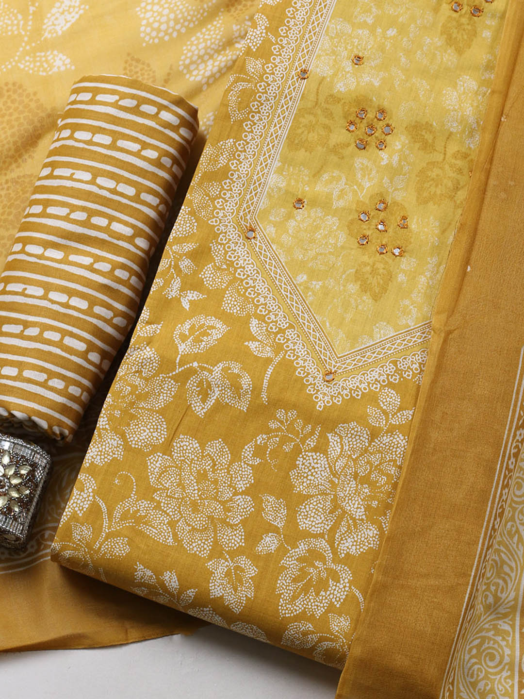 Printed Cotton Blend Unstitched Suit With Pant &amp; Dupatta