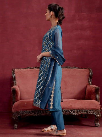 Banarsi Weave Cotton Blend Kurta With Pants & Dupatta