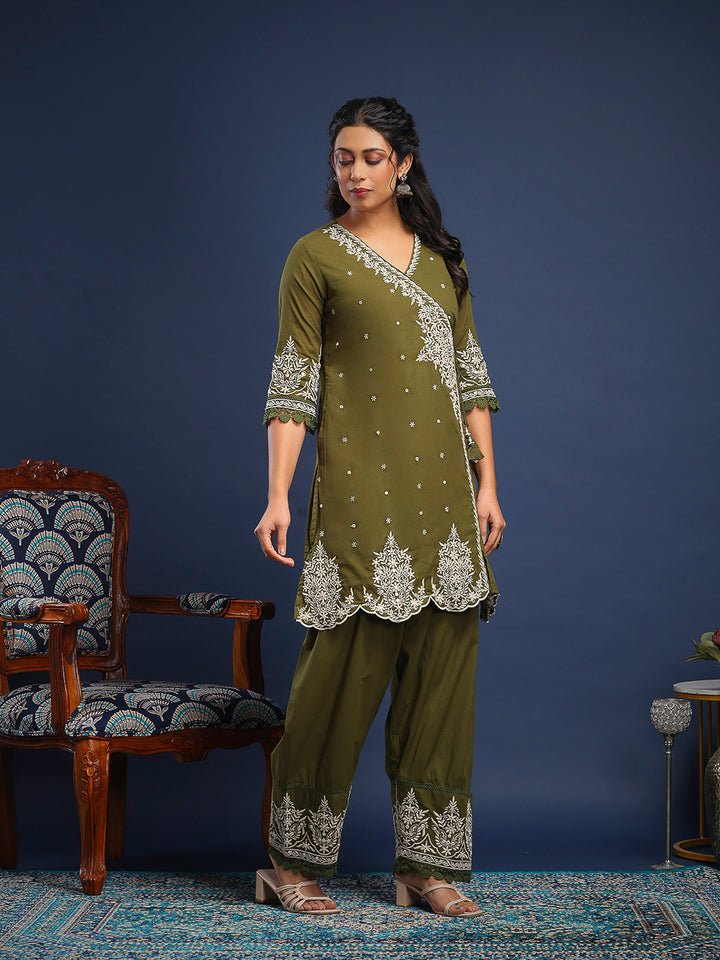 Embroidered Cotton Kurta With Pant &amp; Dupatta