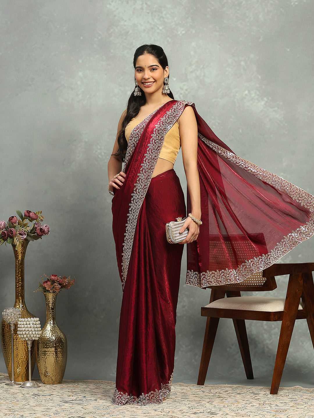 Stone Border Embellished Organza Saree